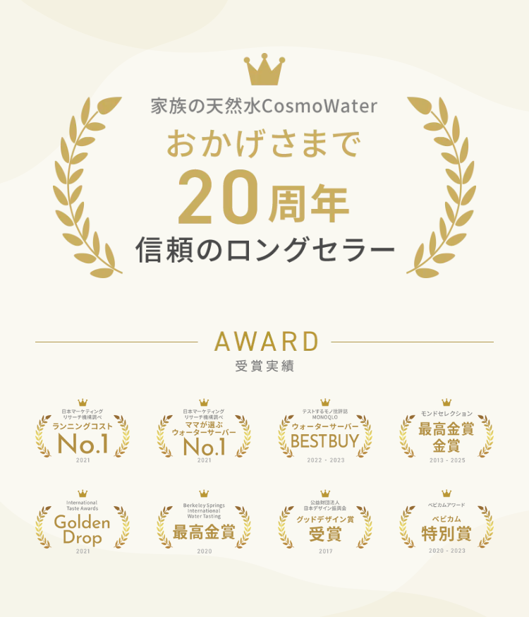 家族の天然水CosmoWater
おかげさまで
20周年
信頼のロングセラー
AWARD
受賞実績
日本マーケティング
リサーチ調べ
日本マーケティング
リサーチ調べ
ママが選ぶ
ウォーターサーバー
テストするモノ批評誌
MONOQLO
ウォーターサーバー
モンドセレクション
最高金賞
(NOT) (NOT) (STD) (CP)
ランニングコスト
No.1
2021
No.1
2021
BESTBUY
2022 2023
金賞
2013-2025
() () () ()
Berkeley Springs
ベビカムアワード
日本デザイン振興会
International
Water Tasting
グッドデザイン賞
International
Taste Awards
2021
2020
2017
2020-2023