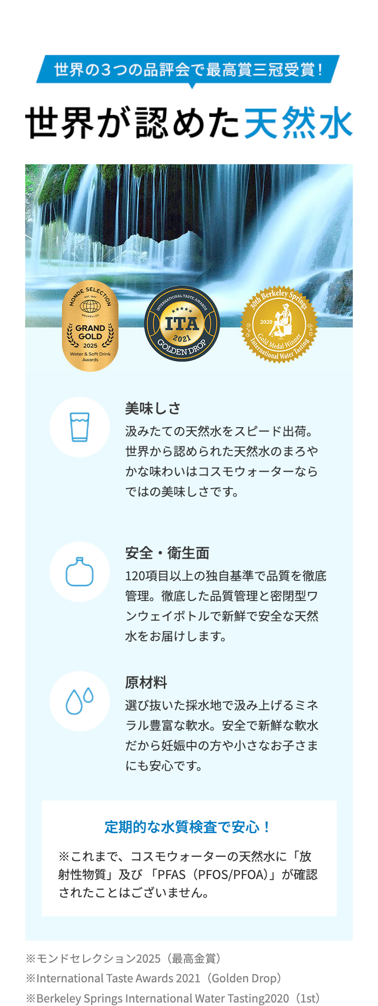 世界の3つの品評会で最高賞三冠受賞!
世界が認めた天然水
Springs
INTERNATIONAL TASTE AWARDS
ITA
2021
30th Berkeley s
2020
COLDEN DROP
International Water Tasting
Gold Medal Winne
美味しさ
汲みたての天然水をスピード出荷。
世界から認められた天然水のまろや
かな味わいはコスモウォーターなら
ではの美味しさです。
安全・衛生面
120項目以上の独自基準で品質を徹底
管理。徹底した品質管理と密閉型ワ
ンウェイボトルで新鮮で安全な天然
水をお届けします。
原材料
選び抜いた採水地で汲み上げるミネ
ラル豊富な軟水。 安全で新鮮な軟水
だから妊娠中の方や小さなお子さま
にも安心です。
定期的な水質検査で安心!
※これまで、コスモウォーターの天然水に「放
射性物質」及び「PFAS (PFOS/PFOA)」が確認
されたことはございません。
※モンドセレクション2025 (最高金賞)
※International Taste Awards 2021 (Golden
Drop)
※Berkeley Springs International Water Tasting2020 (1st)