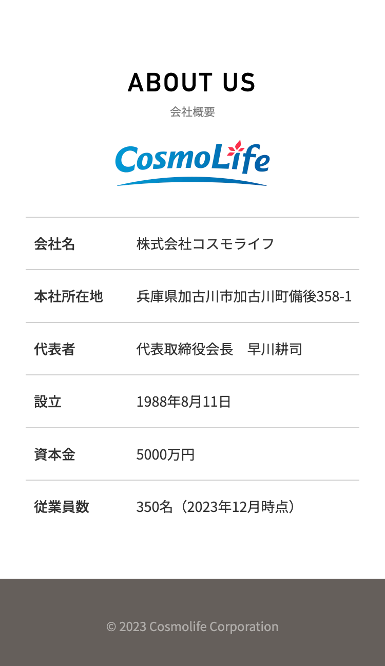ABOUT US 会社情報

会社名	株式会社コスモライフ
本社所在地	兵庫県加古川市加古川町備後358-1
代表者	代表取締役社長 荒川 眞吾
設立	1988年8月11日
資本金	5000万円
従業員数	315名(2022年12月時点)

© 2023 Cosmolife Corporation